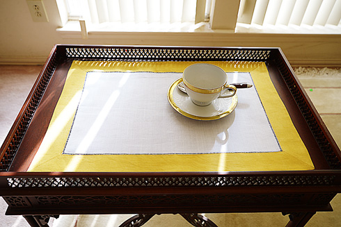 White Hemstitch Placemat 14"x20". Spicy Mustard Color Borders.